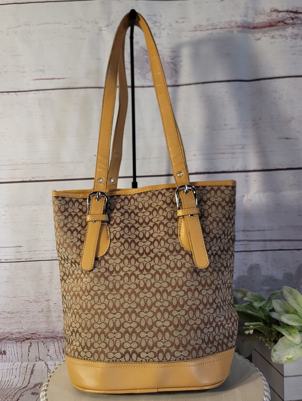 Coach Signature C Monogram Canvas Bucket Tote Bag Tan Brown Leather No UOJ-7785